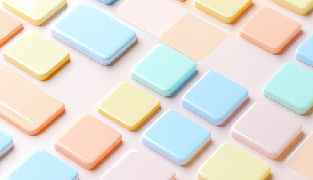 3D rendering of simple square shapes in pastel colors for a mobile app interface design mockup, minimalistic and clean, pastel background, high resolution. --ar 26:15 --v 6.1 Job ID: c1485ab1-df75-4b77-9c27-5bda589d270eの素材