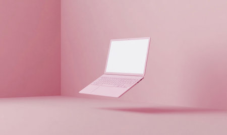 3D isometric view of a white laptop mockup floating on a solid background, minimalistic, monochromatic, flat lay, centered, high resolution, Octane render, studio lighting, product photography, isolated on the edges, no shadows, white blank screen, plain white interior background. --ar 5:3 --v 6.1 Job ID: 9878eea9-bab6-498c-b787-90c112c7d3dcの素材