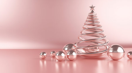 3D rendering of a spiral Christmas tree on a pink background with geometric shapes and an abstract landscape. The color scheme is a pink rose gold. The design is minimalist, serving as a mockup for product presentation. This could be a concept for Valentine's Day. High-resolution photography. --chaos 30 --ar 16:9 --v 6.1 Job ID: fe9a0639-516c-4a60-a839-101cd9fb3225の素材