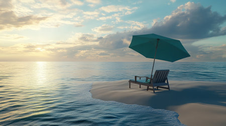 3D cartoon rendering of an islet with a beach chair and umbrella on the ocean, simple background, bright colors, high resolution. --chaos 30 --ar 16:9 --v 6.1 Job ID: dc126bd3-6d13-4776-b283-1a6368b25052の素材