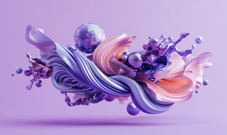 3D render of abstract twisted shapes with spheres on a purple background, in the style of 2D illustration, with fluid organic forms, rendered in Cinema 4D, featuring fluid and flowing lines, a fluid composition, and a gradient color scheme in purple and blue tones. --ar 5:3 --v 6.1 Job ID: d6221344-8274-427d-9cf1-4366e72a27ccの素材