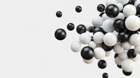 3D render of minimalistic black and white spheres floating in the air on a light gray background. --chaos 30 --ar 16:9 --v 6.1 Job ID: a896f007-b102-4018-bf2b-ec3c788413d7の素材