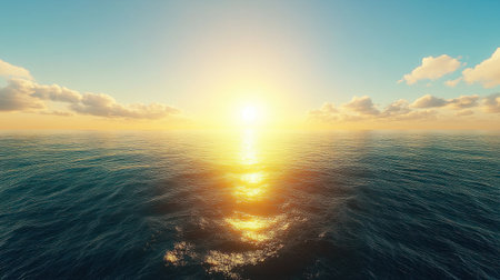 3D render of a yellow sun setting over the ocean, blue sky, reflection on the water, hyper-realistic, cinematic, vibrant, high resolution. --chaos 30 --ar 16:9 --v 6.1 Job ID: 8908c802-17f7-4540-ba46-78ab301dbec7の素材