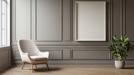 3D rendering of a large blank frame mockup in a Scandinavian interior design with an armchair and a plant on a wooden floor, in a minimalist style with neutral colors, and natural light from the window, high-resolution photography --chaos 30 --ar 16:9 --v 6.1 Job ID: 011993d2-922c-43a1-9a60-fbd596f422e2の素材