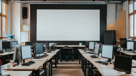 A blank white poster on the wall of an office with desks and computers. --chaos 30 --ar 16:9 --v 6.1 Job ID: 209ebaf9-b70a-4d12-a471-df77c92b4fcaの素材