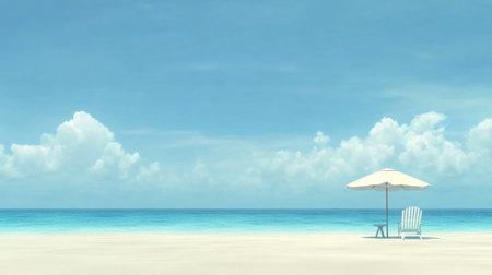 3D render of an isolated beach with a chair and umbrella on the sand, set in an ocean. Summer vacation concept, banner design background with copy space area. --chaos 30 --ar 16:9 --v 6.1 Job ID: 6999a338-497e-41cd-ad0d-ca055be5e021の素材