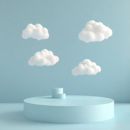 3D podium with white clouds on a blue background, in a minimalist style, simple design, cute cartoon style, pastel colors, digital art, simple shapes, flat lay on the floor. --v 6.1 Job ID: a48221d7-ffa8-4558-bfed-61064379dd12の素材