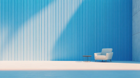 3D rendering of a blue wall with vertical wooden slats in a minimalist interior design mockup, side view with an armchair and coffee table on a light-colored floor. --chaos 30 --ar 16:9 --v 6.1 Job ID: 8b49771e-47eb-4a3c-8a00-87f7814fce38の素材