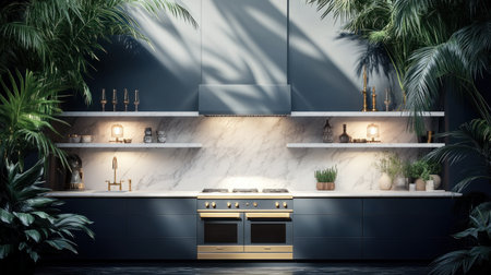 3D rendering of a modern classic kitchen with navy blue cabinets, a white marble countertop, and a gold sink faucet. In the center is an oven stove, surrounded by shelves decorated with oil lamps and plants in vases on top. The background features a large wall covered in grey-veined porcelain tiles. Soft lighting creates a warm atmosphere. High-resolution photography style. --chaos 30 --ar 16:9 --v 6.1 Job ID: c5dc41bb-7393-41f6-bb90-0a6a6a3b3a24の素材