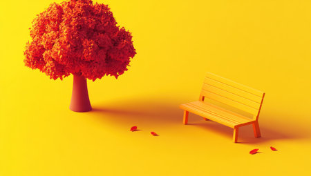 3D isometric illustration of a bench and a tree, with a yellow background, in a cute minimalistic style using simple shapes and a 2D flat design. The artwork has a plain yellow background with red hues, a cartoonish style, and cute character designs with simple lines and minimal details. --ar 53:30 --v 6.1 Job ID: 75ba1d1a-56fd-428e-a809-1d02a4678dbcの素材