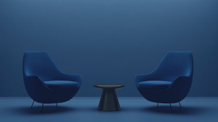 3D rendering of a dark blue armchair and brass side table against a grey wall background. Minimalist home interior design with two comfortable chairs in a modern living room, with empty space for text or product mockup. This is a stock photo with 2/3 of the image available to place your logo on the left, with the right side blank, providing ample copy space. High-resolution photography. --chaos 30 --ar 16:9 --v 6.1 Job ID: a6d0f010-d440-41e9-9143-45df0eb456cdの素材