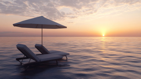 3D render of a beach chair and umbrella on the sand of an island in the ocean. Summer vacation concept, a banner with a copy space area for text. 4K resolution. --chaos 30 --ar 16:9 --v 6.1 Job ID: 17b781be-4666-4972-9f77-69e442adfe22の素材