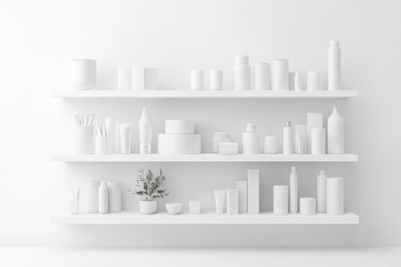 3D render of a white shelf with numerous products on it, against a white background, simple and minimalistic, in a front view. --ar 3:2 --v 6.1 Job ID: 86fc7737-b2dd-44d8-88c7-d6f547526865の素材