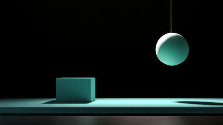 3D rendering of simple geometric shapes in turquoise and light green on a dark background. A rectangular cube stands next to an isometric sphere hanging from the ceiling. Minimalist design, high resolution. --chaos 30 --ar 16:9 --v 6.1 Job ID: 0e45d562-1ade-4859-963c-7ac854a0e4b4の素材