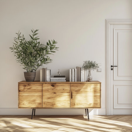 3D rendering of a sideboard in a wooden style, with books and plants on it, against a white wall. There is a door to the right of the cabinet. Interior design of a modern living room or entrance hall. --v 6.1 Job ID: 98f5876a-dca3-49d6-a83d-cf282a187bb5の素材
