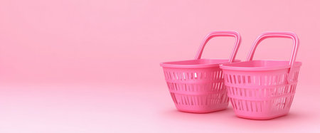 3D rendering of two shopping baskets on a pink background. Digital online shop banner with copy space, flat lay, focused and sharp focus, high-resolution photography. Minimal concept, simple color, clean, isolated, solid pastel background. --ar 12:5 --v 6.1 Job ID: 07dbafec-3141-46bd-ab79-d7eee9062ddfの素材
