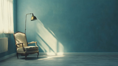 3D rendering of an empty blue wall with a light grey floor and a brass armchair and lamp on the left side. Minimalist interior design of a modern living room. --chaos 30 --ar 16:9 --v 6.1 Job ID: 8cacf84b-f5c8-4c02-8296-0dfd19c06905の素材
