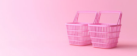 3D rendering of two shopping baskets on a pink background. Digital online shop banner with copy space, flat lay, focused and sharp focus, high-resolution photography. Minimal concept, simple color, clean, isolated, solid pastel background. --ar 12:5 --v 6.1 Job ID: 07dbafec-3141-46bd-ab79-d7eee9062ddfの素材
