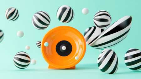 3D illustration of an orange retro gramophone with white, black, and blue striped balls flying around on a light turquoise background, in a minimalistic style. --chaos 30 --ar 16:9 --v 6.1 Job ID: 183d2efb-2119-4b2a-a26f-bfdb2a539c70の素材