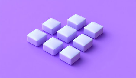3D render of simple, minimalistic abstract square shapes with pastel colors on a purple background, in an isometric view, in the style of minimalism. --ar 26:15 --v 6.1 Job ID: b448e3f3-f9f6-4ca9-98b5-6581c42eedd7の素材