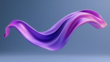 A floating, purple and pink gradient cloth, rendered in the style of Cinema4D, with a low-poly art style and a blue background. The 3D rendering has a dark gray, minimalist background. It is a simple shape with no intricate details or shadows. The design includes an abstract element that resembles the texture of crumpled paper, with visible folds and creases. This floating cloth has a sense of depth and perspective, giving it a three-dimensional appearance against the solid color backdrop. --chaos 30 --ar 16:9 --v 6.1 Job ID: 7a00c12e-9831-46a2-9515-21a258dac426の素材