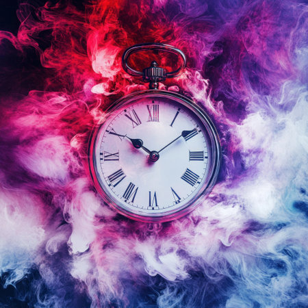 A clock surrounded by swirling colors of purple, red, and white smoke, symbolizing the passage of time. Minimalist background with an artistic touch of color for depth. --v 6.1 Job ID: f58a7584-cd16-413e-942b-05f9a372ba36の素材