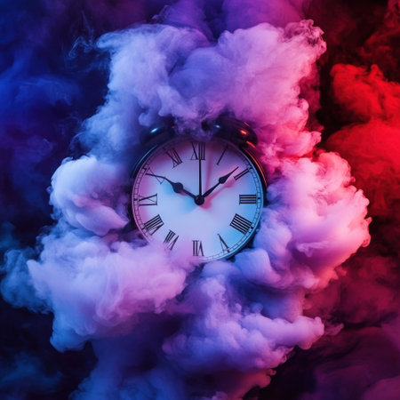 A clock surrounded by swirling colors of purple, red, and white smoke, symbolizing the passage of time. Minimalist background with an artistic touch of color for depth. --v 6.1 Job ID: f58a7584-cd16-413e-942b-05f9a372ba36の素材