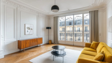 A bright living room with white walls, parquet flooring, and a large window. The sofa is a mustard yellow color. There's an elegant sideboard on the wall to one side. A modern black metal lamp hangs from above. Hyperrealistic. Shot taken at eye level. --chaos 30 --ar 16:9 --v 6.1 Job ID: 12f11f20-1b6d-4ff8-b4a3-300e04b87b9aの素材