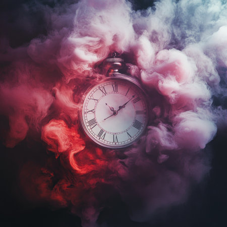 A clock surrounded by swirling smoke, with colors of red and purple representing the passion for time management. Minimalist art style. The background is dark gray to create contrast against the white face of the clock. There's an emphasis on texture in each color of the clouds, giving it depth and realism. This visual metaphor symbolizes how someone can feel as if their life remains filled up without any free space or blank moments. It represents being too busy trying different things that you should be doing something else. --v 6.1 Job ID: 2b88277f-f5f0-4773-9e0e-32bbf2d42d43の素材