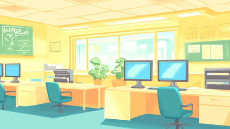 A bright and airy office space with pastel-colored walls, desks, chairs, computer screens, plants, and natural light streaming in through large windows, creating an atmosphere of creativity and productivity. --chaos 30 --ar 16:9 --v 6.1 Job ID: 2c24499d-efc3-4a8c-91f8-b3bdfd503ba9の素材
