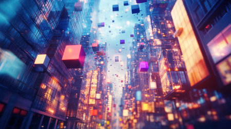 3D render of cubes floating in the air, with dark blue and purple colors, and a blurred background. --chaos 30 --ar 16:9 --v 6.1 Job ID: 24d7a5ff-8faa-4d19-b4c8-9aa749d8966cの素材