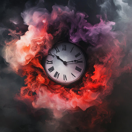 A clock surrounded by swirling smoke, with colors of red and purple representing the passion for time management. Minimalist art style. The background is dark gray to create contrast against the white face of the clock. There's an emphasis on texture in each color of the clouds, giving it depth and realism. This visual metaphor symbolizes how someone can feel as if their life remains filled up without any free space or blank moments. It represents being too busy trying different things that you should be doing something else. --v 6.1 Job ID: 2b88277f-f5f0-4773-9e0e-32bbf2d42d43の素材