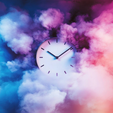 A clock surrounded by clouds of color, with dark, white, and purple tones. Gradient colors in the background, a minimalist design, and ultra-realistic photography in high resolution. --v 6.1 Job ID: 811866cd-c2a0-49d6-b425-072c83e6dddaの素材