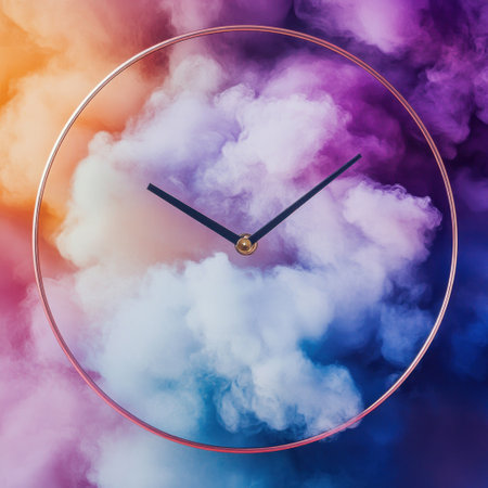 A clock surrounded by clouds of color, with dark, white, and purple tones. Gradient colors in the background, a minimalist design, and ultra-realistic photography in high resolution. --v 6.1 Job ID: 811866cd-c2a0-49d6-b425-072c83e6dddaの素材