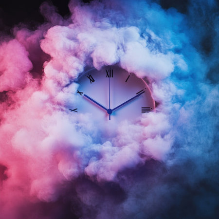 A clock surrounded by clouds of color, with dark, white, and purple tones. Gradient colors in the background, a minimalist design, and ultra-realistic photography in high resolution. --v 6.1 Job ID: 811866cd-c2a0-49d6-b425-072c83e6dddaの素材