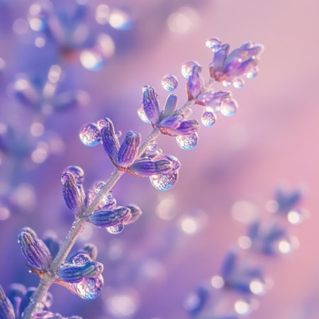 A close-up of dewdrops on lavender, set against a soft pastel background. The delicate beauty and the iridescent shimmering colors create an enchanting scene that evokes tranquility and serenity. Focus stacking. --v 6.1 Job ID: f35f7210-87fb-4e52-b413-96495a4e8803の素材
