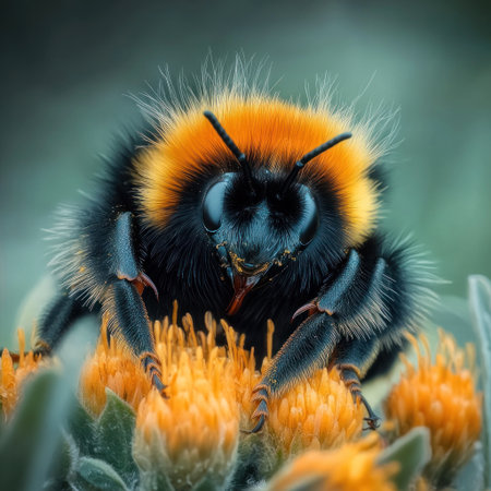 a bumblebee with black and yellow fur on top of some flowers, macro photography, photo-realistic landscapes, national geographic photos, national geography, yellow flower background, sony alpha A7 III --v 6.1 Job ID: 0ec80648-a2f1-43e4-9e5b-27c00bc14d89の素材