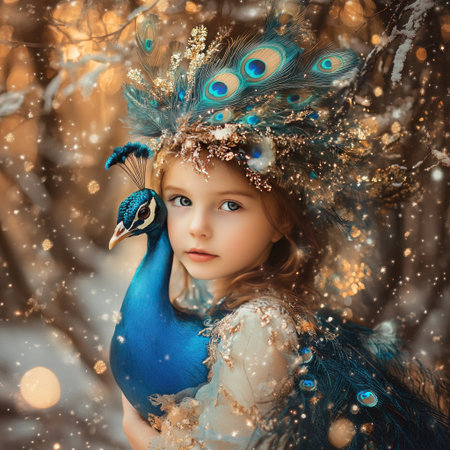 A beautiful little girl in the style of whimsical fantasy, with charming illustrations, detailed costumes, and fine feather details in blue and gold. An adorable peacock sits on her shoulder, surrounded by sparkling golden lights, creating a dreamy and magical atmosphere. The photography features soft lighting and a bokeh effect, with a background of a forest covered in glittering snowflakes and twinkling stars, giving an ethereal and dreamlike feel. This is a close-up, hyper-realistic, full-body portrait with a super-resolution quality. --v 6.1 Job ID: 6d600e6f-98d3-4202-a18b-4f631e369726の素材