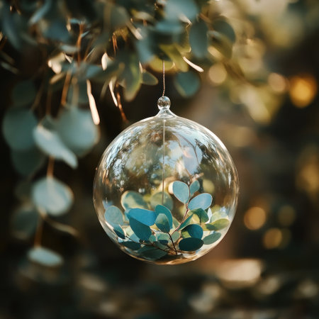 A glass ball with blue and green leaves inside, hanging from the branches of a eucalyptus tree, is decorated as an ornament for outdoor decoration. The entire scene has a natural color tone and delicate details. This photo was taken using a Canon camera. --v 6.1 Job ID: 39d9f6ff-285c-4c12-8f9a-6faebdfbd353の素材