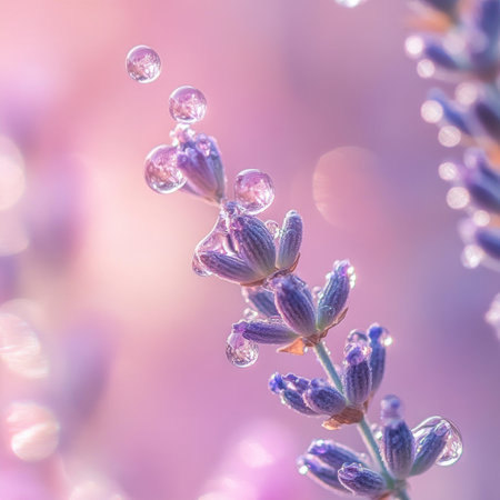 A close-up of dewdrops on lavender, with a pastel pink and purple background, creating an ethereal atmosphere. The focus is sharp, highlighting the delicate droplets against the soft hues of nature's palette. This image captures the serene beauty found in natural elements. High resolution, high detail, hyper-realistic. --v 6.1 Job ID: e1a868da-f66e-4d01-8847-edb6a7ae274dの素材