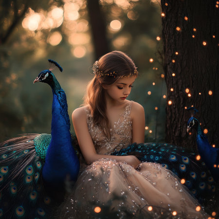 A beautiful young girl in an elegant dress adorned with peacock feathers, surrounded by sparkling lights and lush trees. She is sitting next to her friend's majestic blue peacocks, their plumage shimmering under the golden sunlight. The focus is on the girl's face, with a shallow depth of field, captured using a Canon EOS R5 camera with an EF lens, resulting in a hyper-realistic photograph in the style of a photorealistic painting. --v 6.1 Job ID: fd1bf560-25d0-4e58-94f2-b0ddab983962の素材