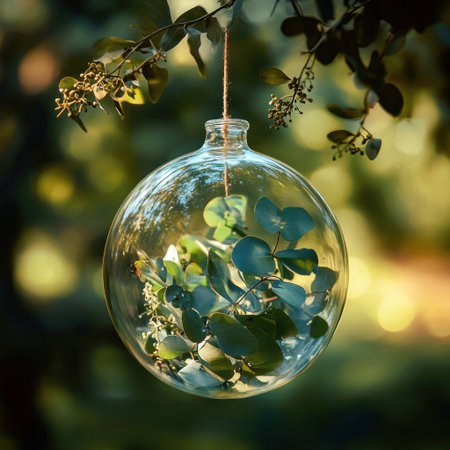 A glass ball hanging from the tree, inside of which are blue eucalyptus leaves and small flowers, with green branches on top of it, captured in natural light, in the style of real photography, depicting a real scene. --v 6.1 Job ID: 1129ffe8-6e61-4c92-aaef-4e932c936aa5の素材