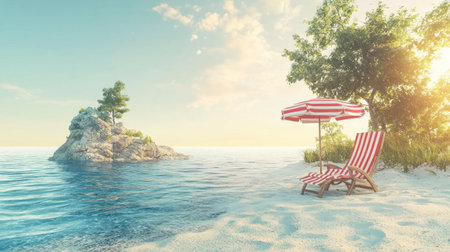 3D cartoon rendering of an isolated beach with a red and white striped sun umbrella and a deck chair on a sandy island in the ocean. Summer vacation concept, 2/4 space for text, 8K high resolution. --chaos 30 --ar 16:9 --v 6.1 Job ID: a93aa0c2-9f31-4d0d-a03b-fca910ac73afの素材