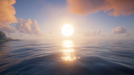 3D render of a large sun on the horizon, reflecting in the calm sea water, with a blue sky and a colorful sunset, evening light, and a peaceful nature scene with a zen vibe and an aesthetic look, in a hyper-realistic style, resembling a photographic image in high definition. --chaos 30 --ar 16:9 --v 6.1 Job ID: 0b29640a-cb0d-4b82-8a29-05f6b826bd7aの素材