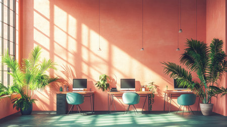 A bright and airy office space with pastel-colored walls, large windows, modern desks with computers, blue chairs for seating, green plants adding life to the room, and a soft glow of natural light creating an atmosphere that is both professional and inviting. --chaos 30 --ar 16:9 --v 6.1 Job ID: 88aa37df-ae74-4c71-bfd2-c4bf1d29b7d7の素材