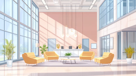 A bright and airy interior of an office building lobby, with large windows allowing sunlight to fill the space. The walls are painted in soft pastel colors like pale pink or light blue, creating a welcoming atmosphere. There is comfortable seating arranged around coffee tables, inviting people into open spaces where they can relax during break time. A small indoor plant adds life to the room. In the style of cartoon style. Vector illustration. Flat design. --chaos 30 --ar 16:9 --v 6.1 Job ID: 592aeae1-398f-4811-9089-d8b703c148ddの素材