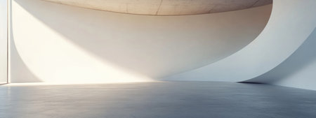 White background, curved shape, 3D rendering, minimalism, simple and clean light white space. There is no other element in the picture except for one rounded corner at the bottom left of the screen. The curved wall forms an S-shaped curve. It's very smooth and soft, giving people a visual depth and three-dimensional feeling. White space, curved walls, minimalist style, pure white color tone, high-definition photography. High resolution, 8K. --ar 8:3 --v 6.1 Job ID: fc0d7b6d-07ed-4313-a791-ac3b407fad96の素材