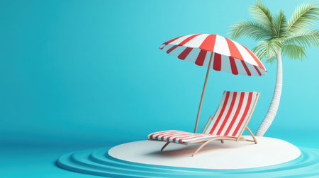 3D cartoon rendering of an islet with a beach chair and umbrella on the ocean, simple background, bright colors, high resolution. --chaos 30 --ar 16:9 --v 6.1 Job ID: dc126bd3-6d13-4776-b283-1a6368b25052の素材