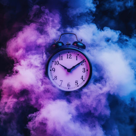 A clock is centered against an abstract, dark, and colorful background composed of clouds and smoke. The color palette is predominantly white with purple tones and hints of red. This image is in the style of photography. The time displayed on the clock shows the midnight hour. --v 6.1 Job ID: cfe31000-7a4a-4bd2-849a-dde63cb8d3f8の素材