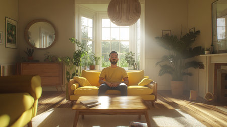 A bright living room with wooden furniture, a yellow sofa and coffee table in the center of it, plants on top of both couches, a large window, a wooden console at one end, light beige walls, a small round mirror hanging above a white wall shelf, a large wood pendant lamp, a wooden floor, and natural lighting. This is an interior design photography photo taken from the front angle. --chaos 30 --ar 16:9 --v 6.1 Job ID: f4c3c508-ca8f-4858-ac11-b1ce222f6f7bの素材